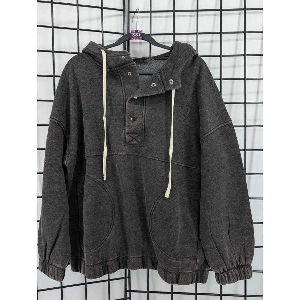 Zenana Hoodie Women Large Gray Acid Wash Snap Henley Pullover OTW-4556Y - Picture 2 of 5